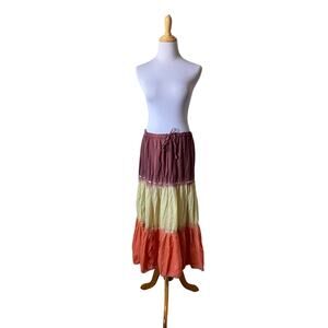 Kaaku Multicolor Ombre Gauzy 100% Cotton Sequence Tiered Boho Hippie Midi Skirt